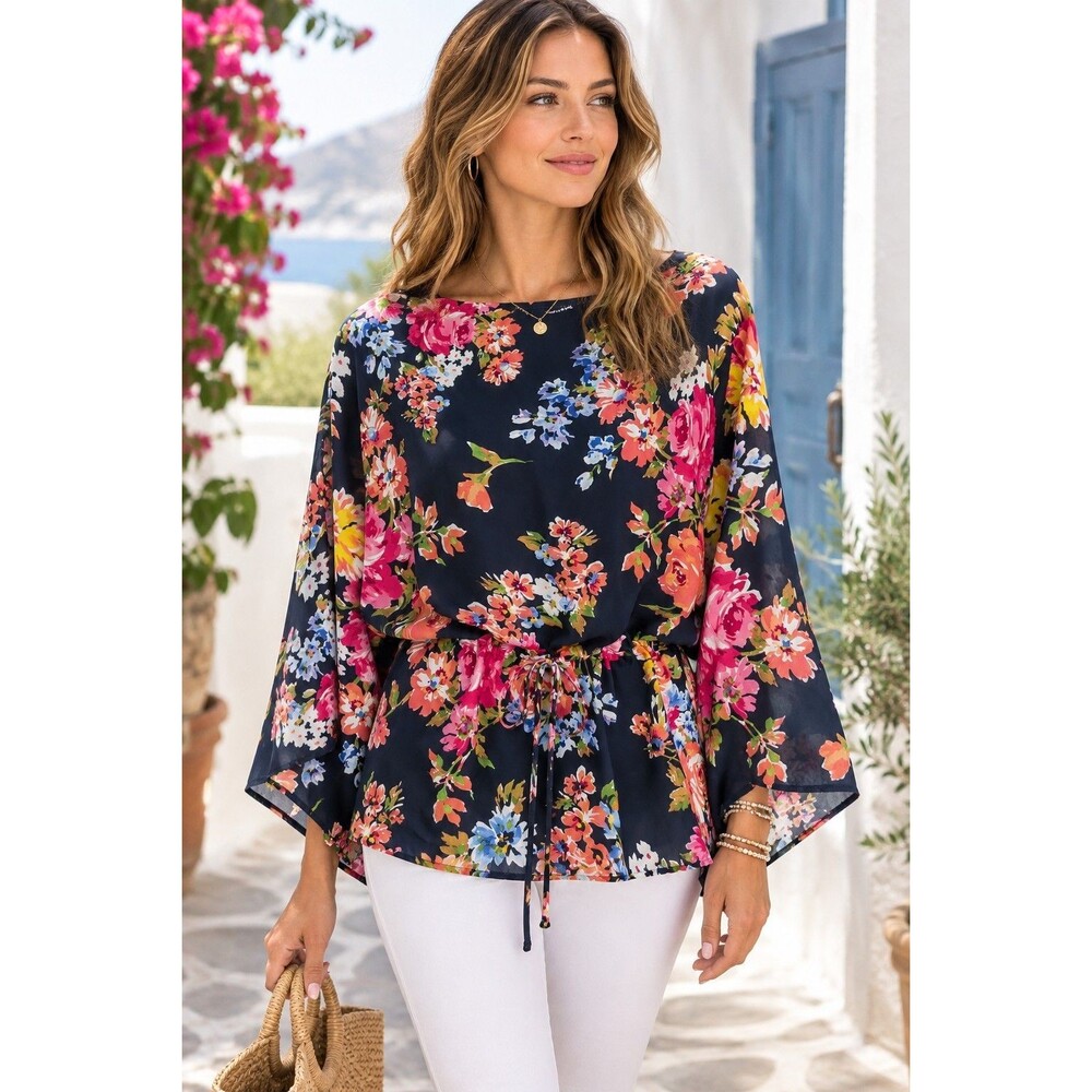 Chaps Top Women L Blue Multi Floral Silky Drawstring Boho Romantic Kimono Blouse